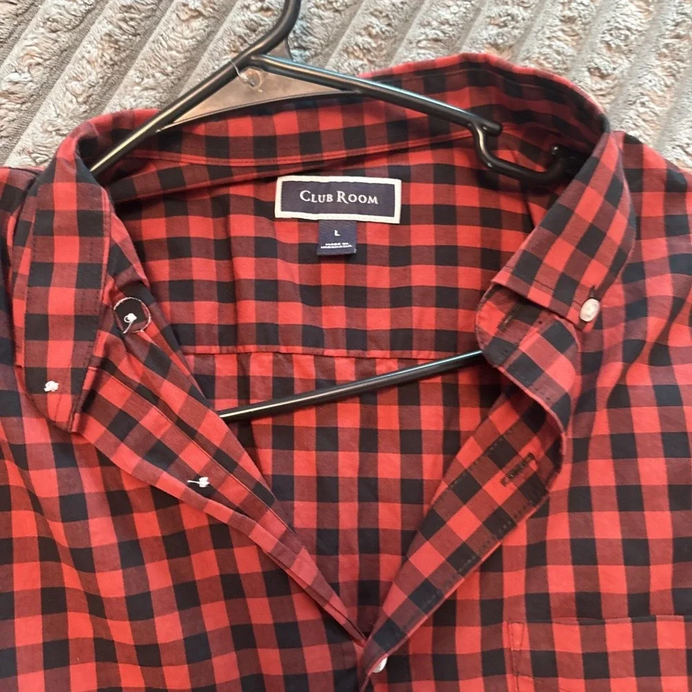 Club Room Mens Red Black Buffalo Check Button Down Long Sleeve Shirt Large